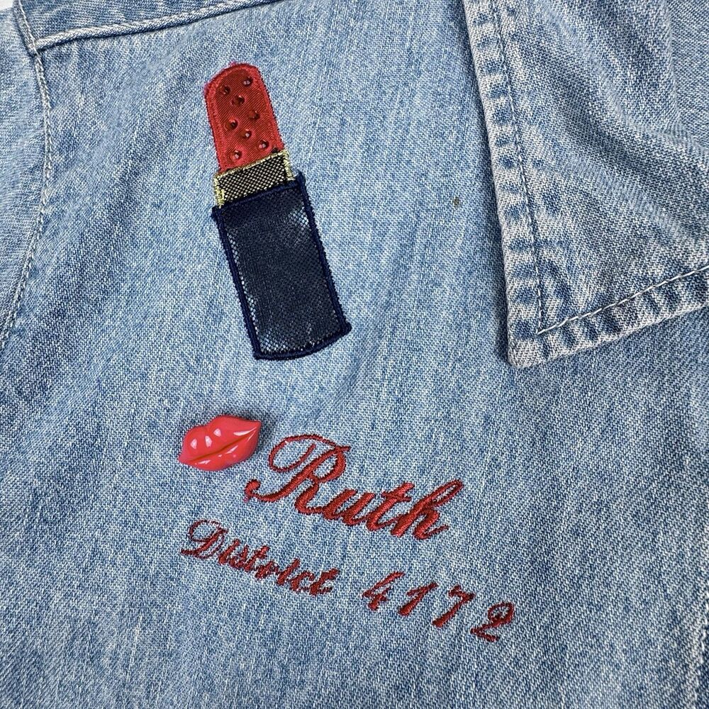Vintage Avon Denim Button Up Shirt Women S Blue Cosmetics Makeup Retro Ruth - Picture 6 of 15